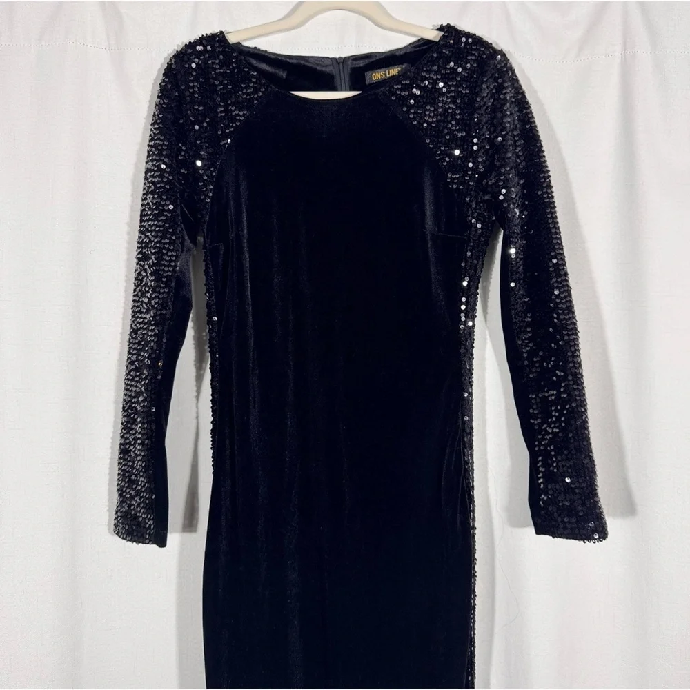 Vintage Black Velvet Sequin Panel Long Sleeve Dress